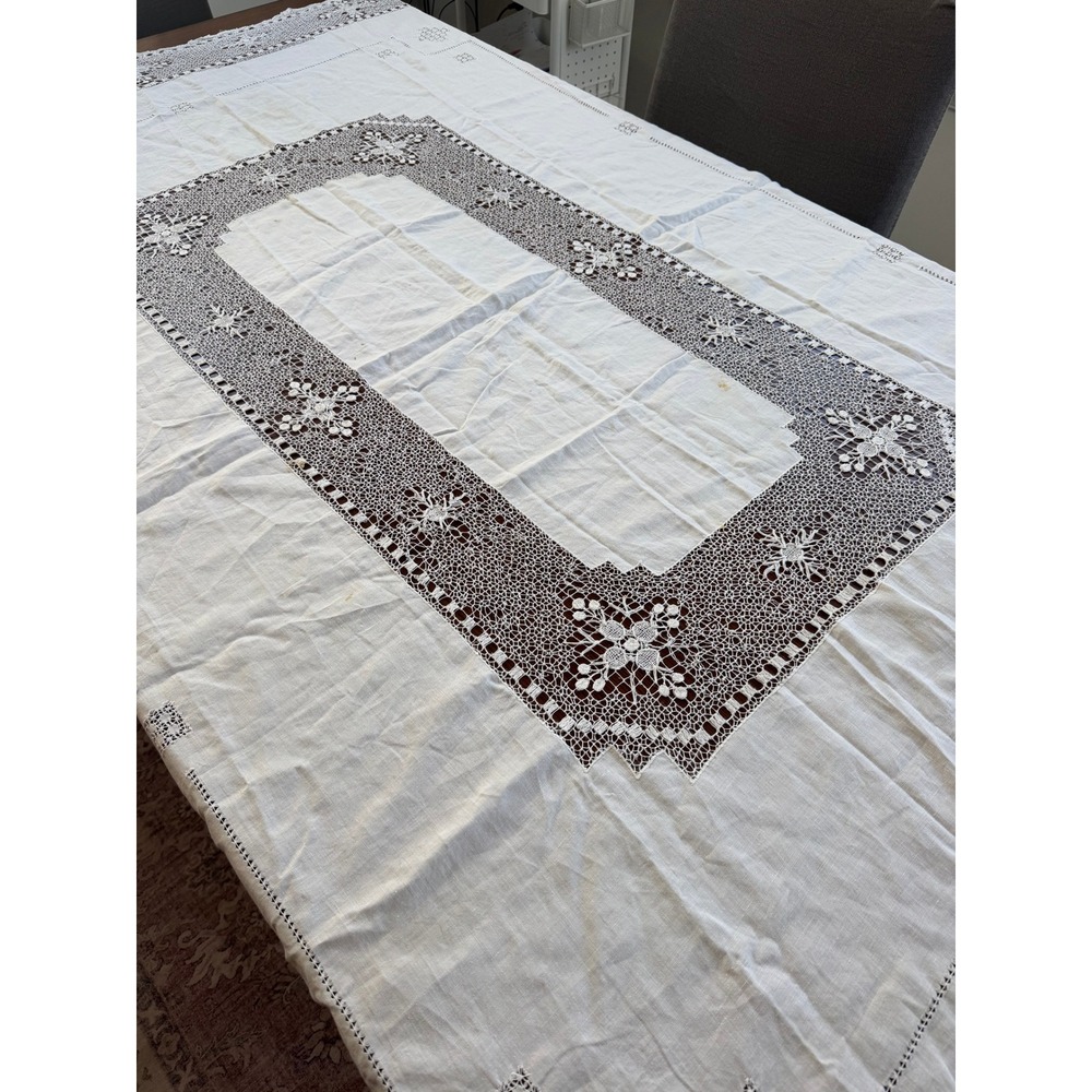 Vintage White Linen Tablecloth Handmade Lace Inserts Drawnwork Lace